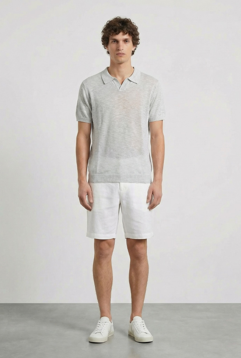 Front image of a model wearing Deep rocco open neck polo in light grey, by brand Deep