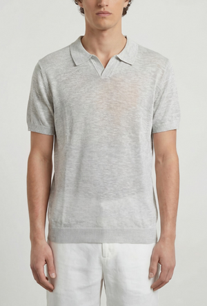 Front image of a model wearing the Deep rocco open neck polo in light grey, by brand Deep