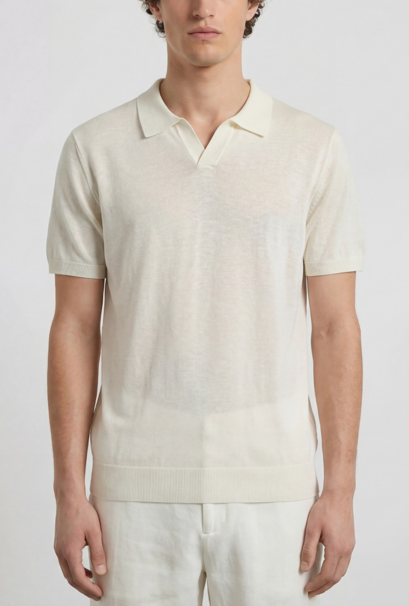 Front image of a model wearing Deep rocco open neck polo in off white, by brand Deep