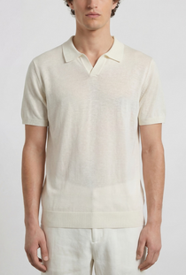 Front image of a model wearing the Deep rocco open neck polo in off white, by brand Deep