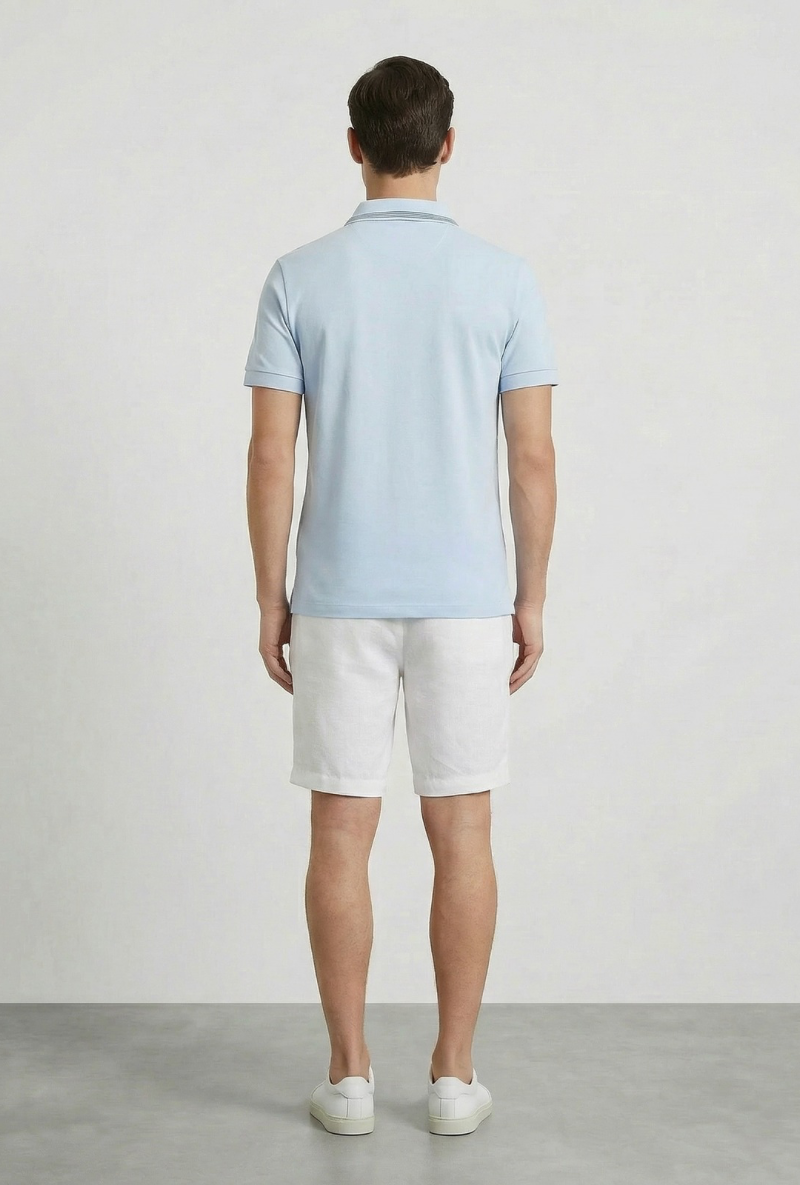 Back image of a model wearing Deep roman button polo in light blue, by brand Deep