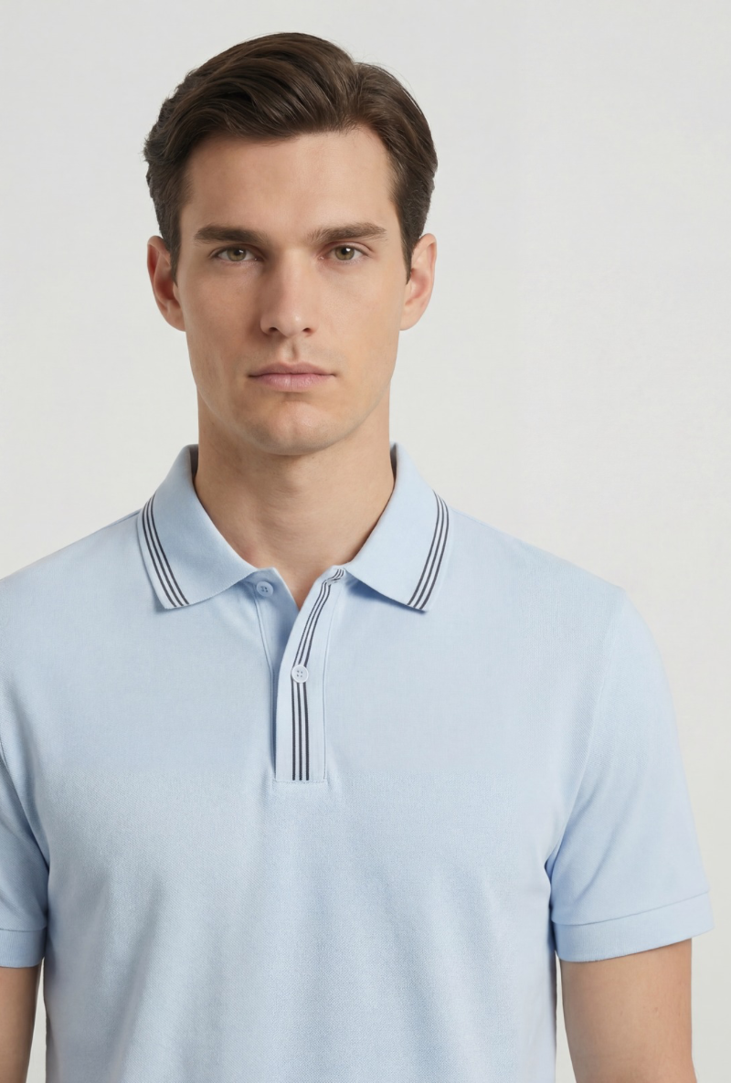 Front image of a model wearing Deep roman button polo in light blue, by brand Deep