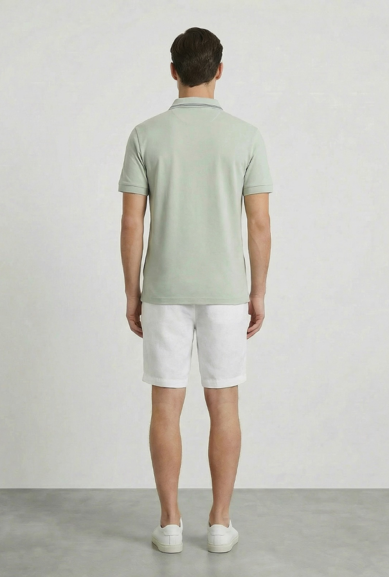 Back image of a model wearing Deep roman button polo in light green, by brand Deep