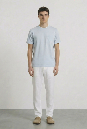 Front image of a model wearing the Deep ronan round neck tshirt in light blue, by brand Deep