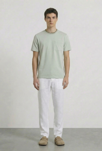 Front image of a model wearing the Deep ronan round neck tshirt in light green, by brand Deep