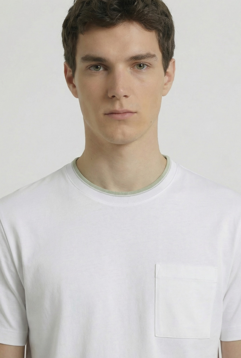 Front image of a model wearing Deep ronan round neck tshirt in white, by brand Deep