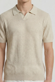 Front image of a model wearing the Deep rory open neck polo in beige, by brand Deep