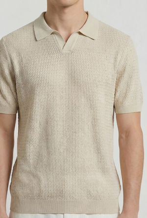Front image of a model wearing the Deep rory open neck polo in beige, by brand Deep
