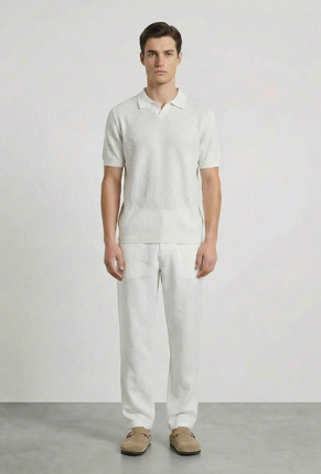 Front image of a model wearing Deep rory open neck polo in white, by brand Deep