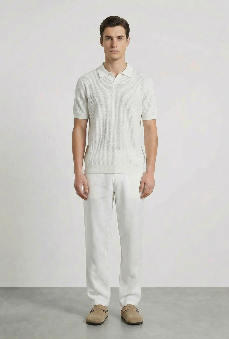 Front image of a model wearing Deep rory open neck polo in white, by brand Deep