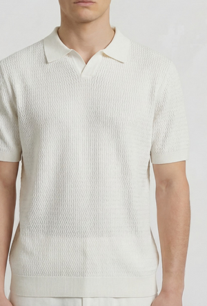 Front image of a model wearing the Deep rory open neck polo in white, by brand Deep