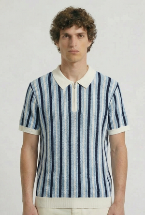 Front image of a model wearing the Deep rudy stripe knit polo in light blue, by brand Deep