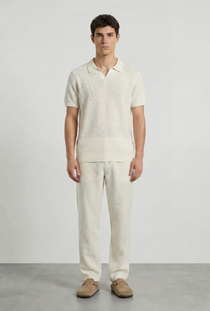 Front image of a model wearing the Deep ryker open neck polo in beige, by brand Deep