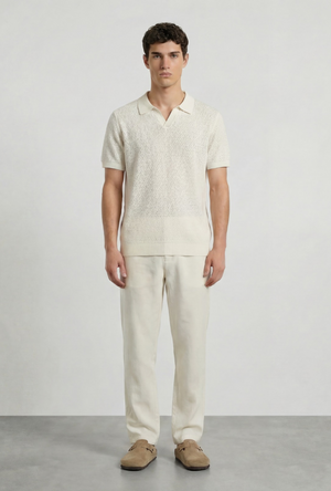 Front image of a model wearing the Deep ryker open neck polo in beige, by brand Deep