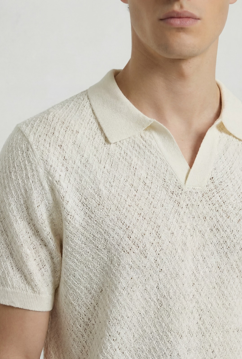 Front detail image of a model wearing Deep ryker open neck polo in beige, by brand Deep