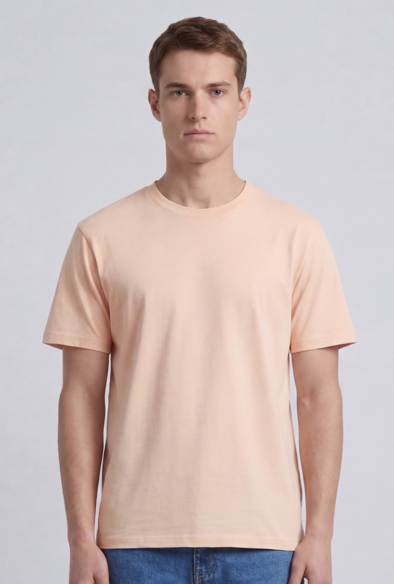 Front image of a model wearing Deep troy s/s tshirt in peach, by brand Deep