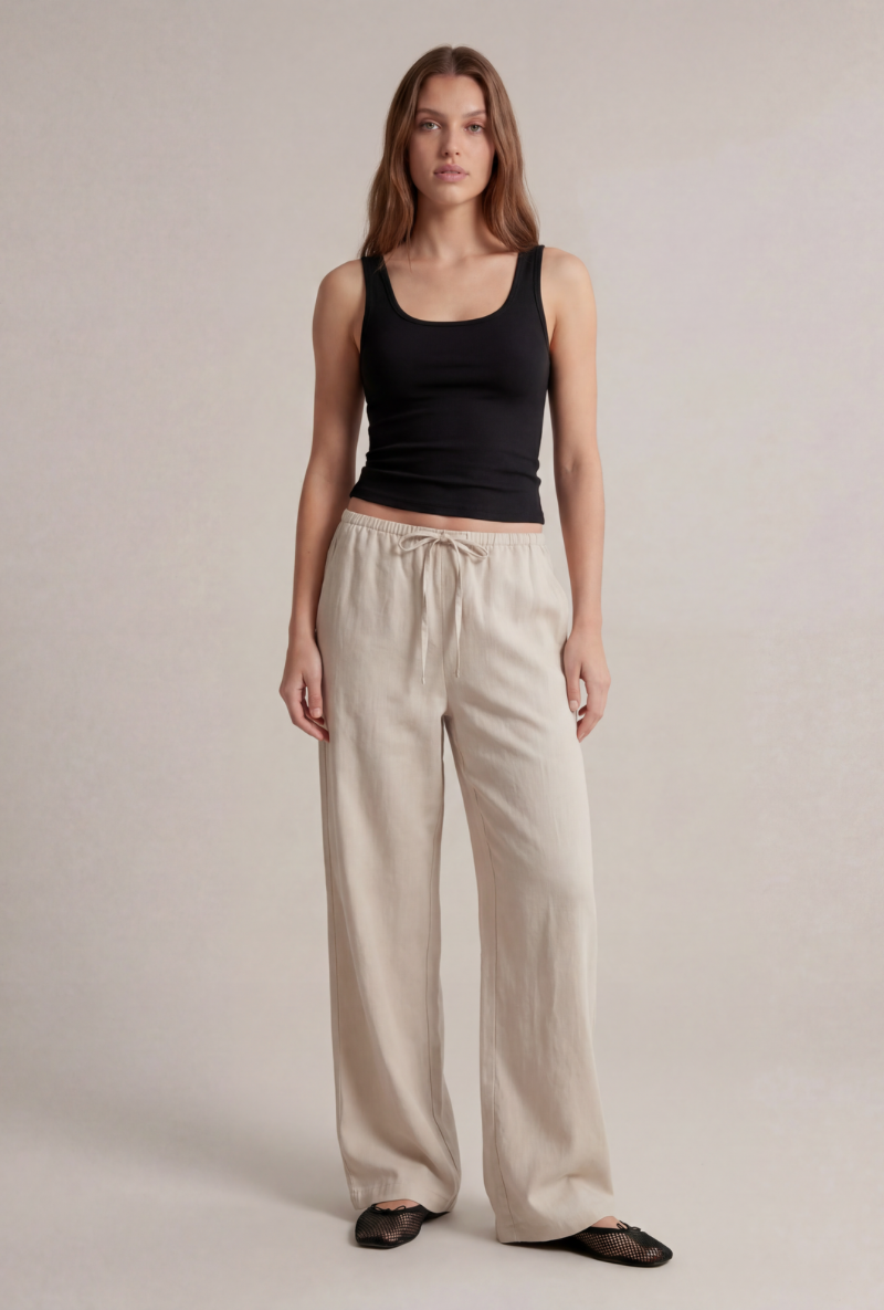 Front image of Deepstar amara linen trousers in stone, by brand Deep star