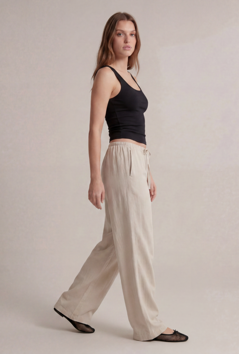 Front image of Deepstar amara linen trousers in stone, by brand Deep star