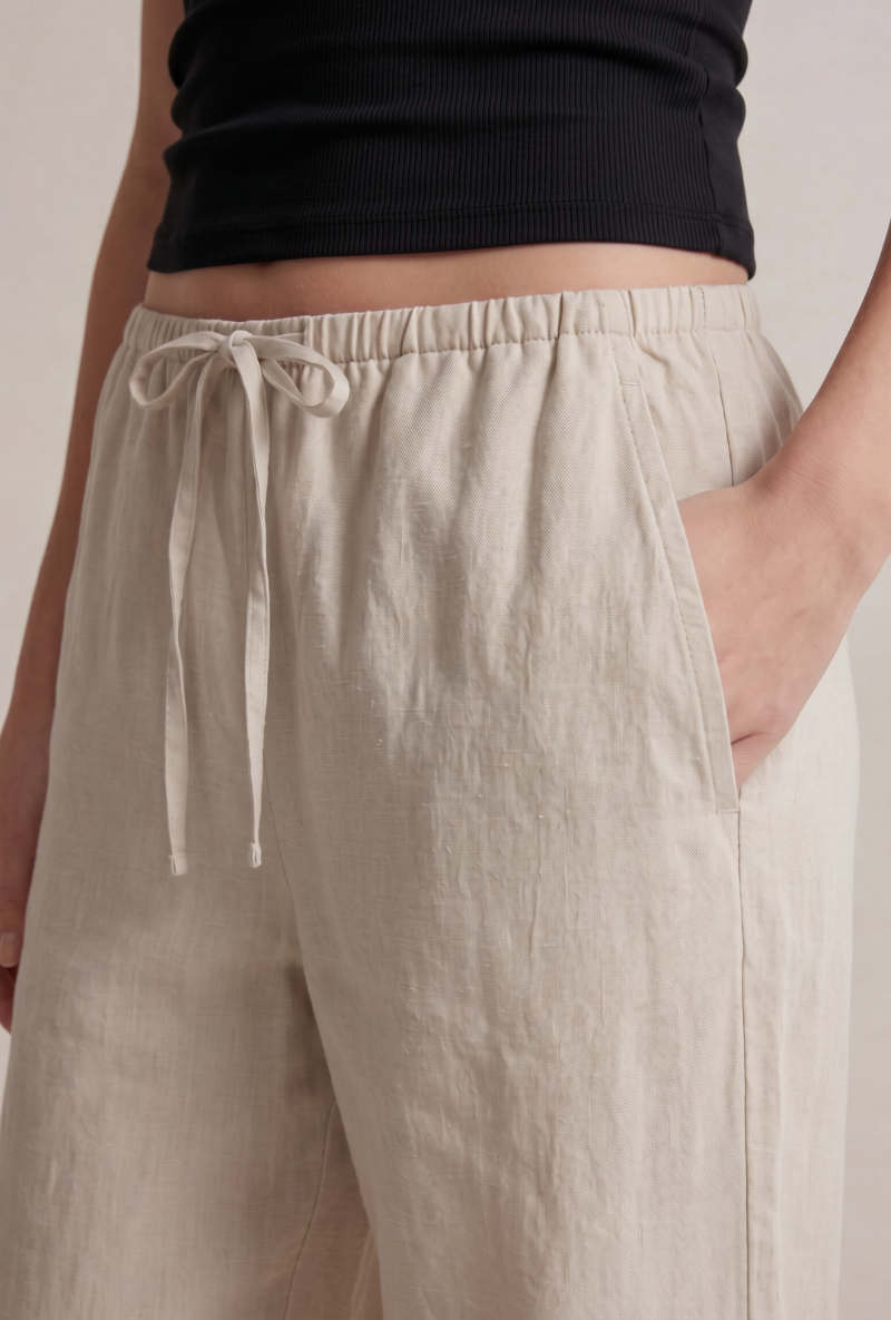 Front image of Deepstar amara linen trousers in stone, by brand Deep star
