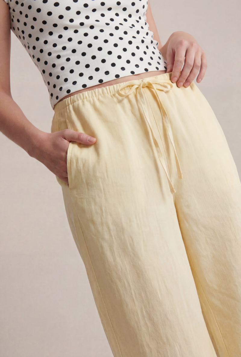 Front image of Deepstar amara linen trousers in yellow, by brand Deep star