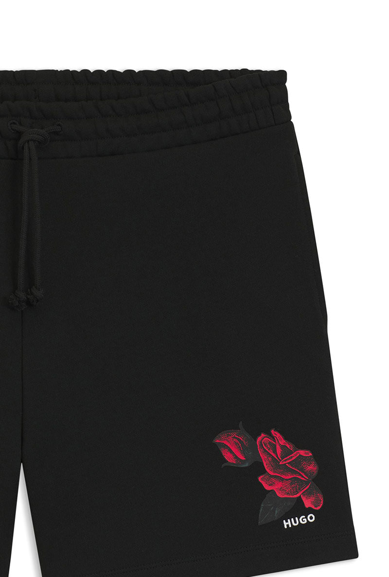 Front detail image of Dagety sweat shorts in black, by brand Hugo
