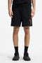 Front image of a model wearing Dagety sweat shorts in black, by brand Hugo