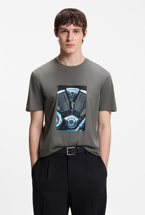 Front image of a model wearing Dostino t in dark grey, by brand Hugo