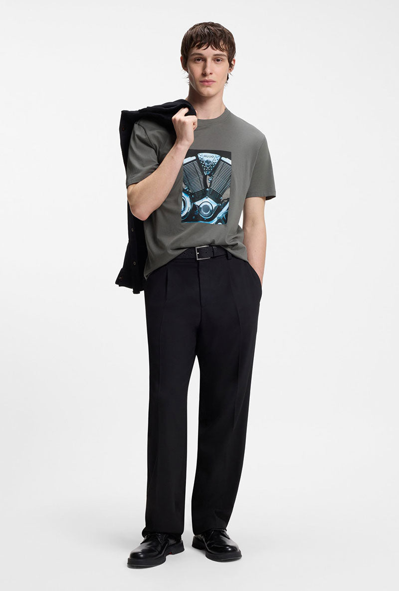 Front image of a model wearing Dostino t in dark grey, by brand Hugo