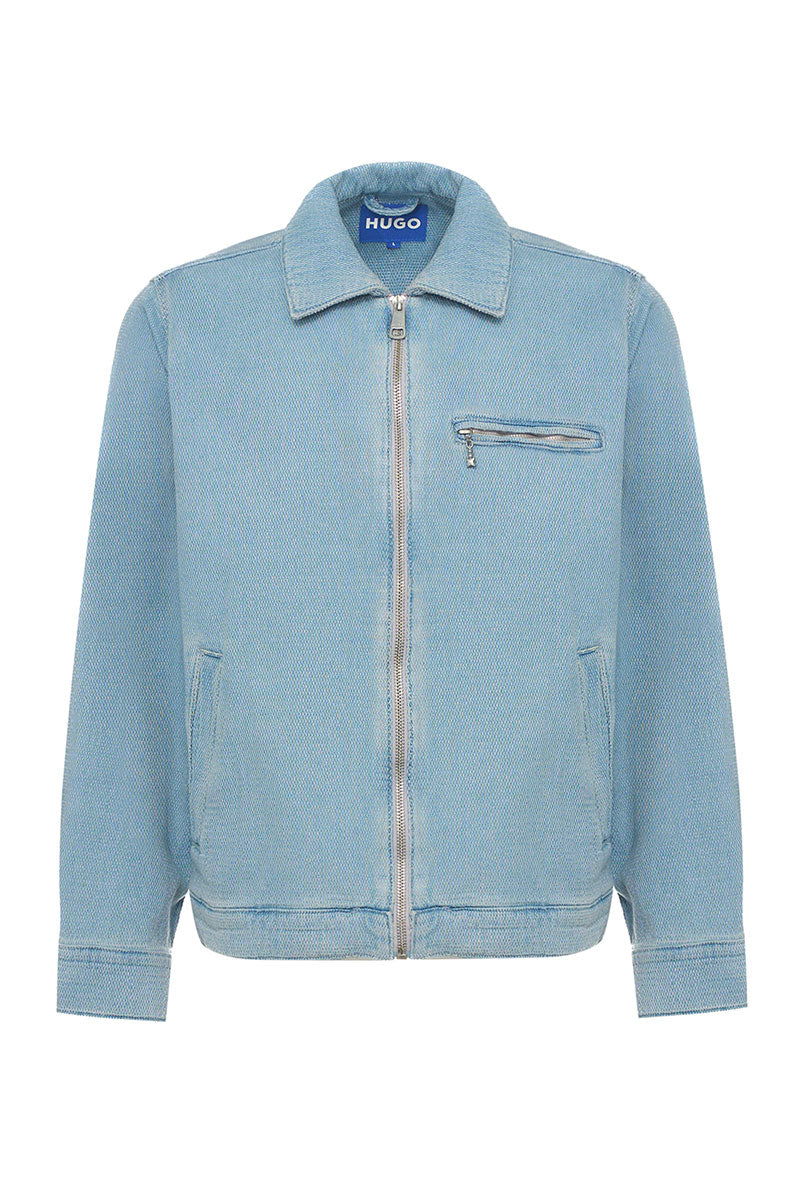 Front image of Elzo denim jacket in denim, by brand Hugo