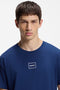 Front image of a model wearing the Laze t in blue, by brand Hugo