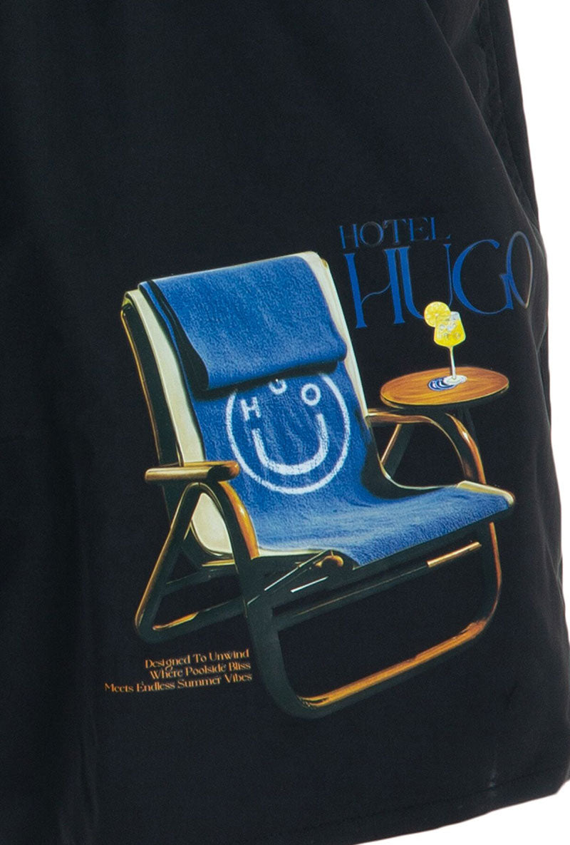 Logo detail image of Mavi swimshorts in black, by brand Hugo