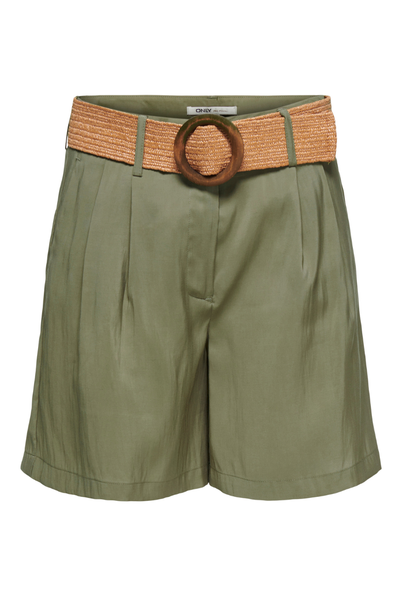 Front image of Ibiza highwaist belt shorts in khaki, by brand Only