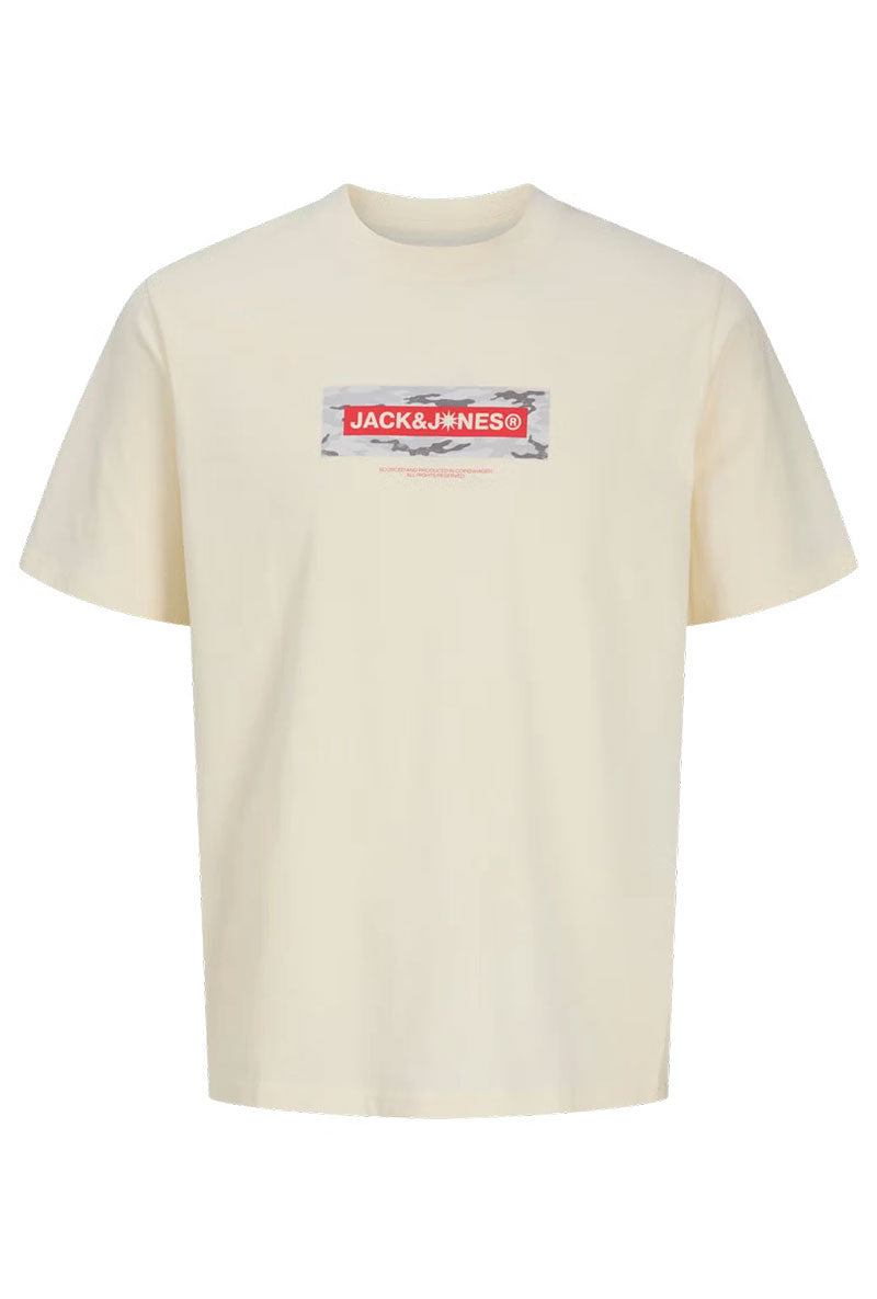 Front image of Breeze branded ss tee in cream, by brand Jack&jones