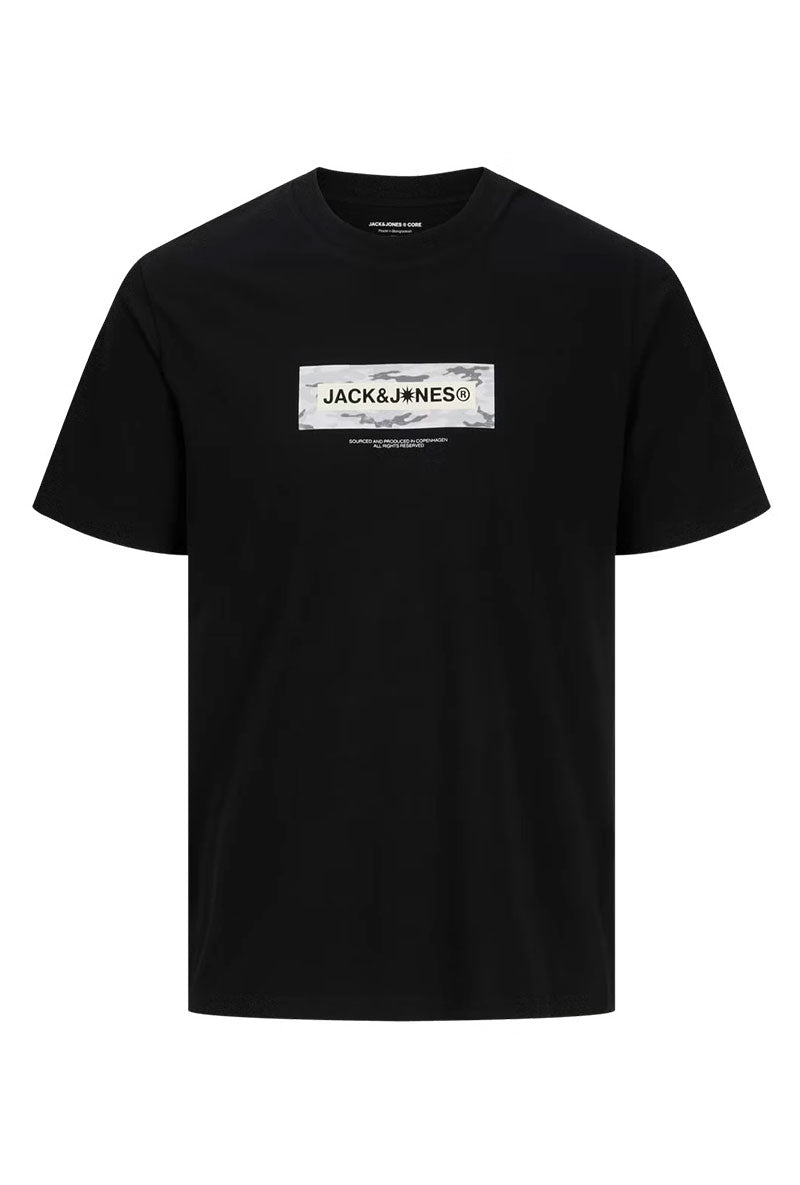 Front image of Breeze branded ss tee in black, by brand Jack&jones