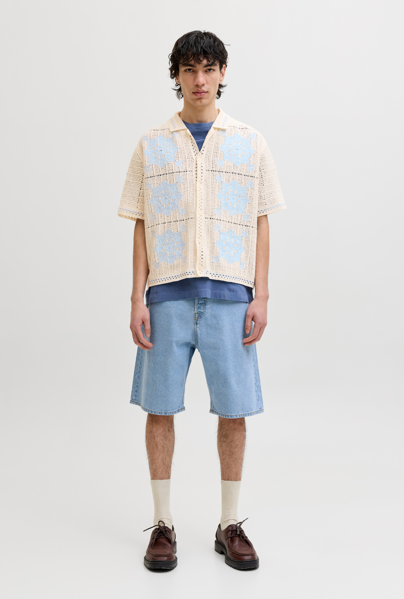 Front image of Orchard knit crochet polo in light blue, by brand Jack&jones