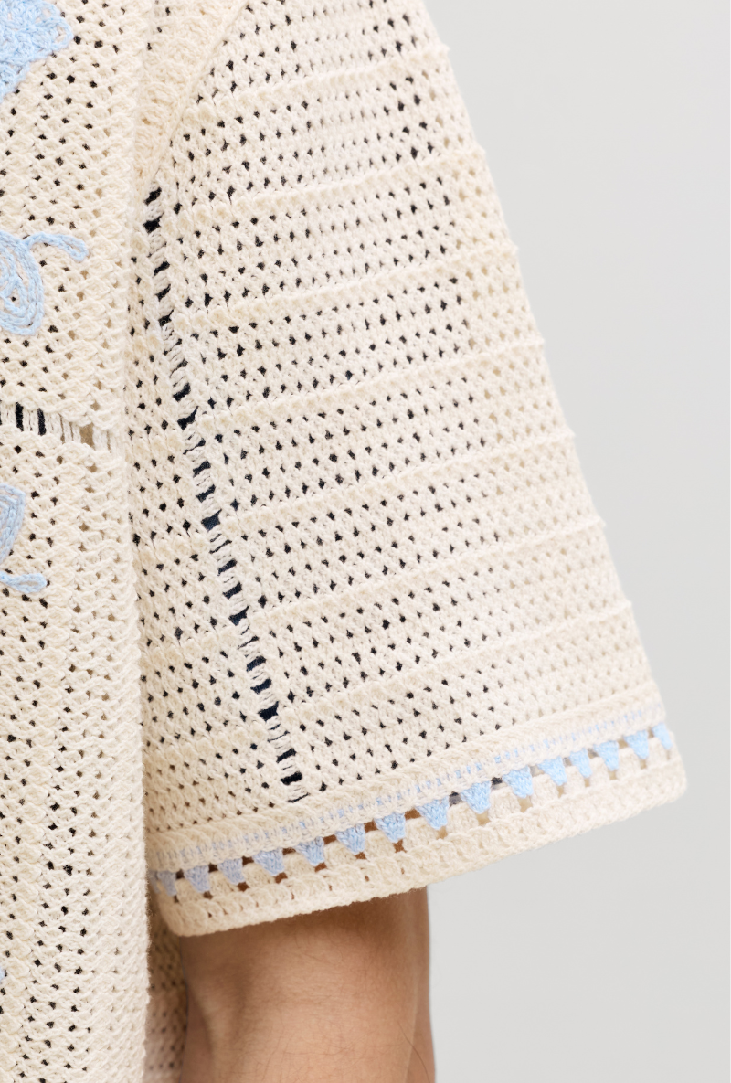 Front image of Orchard knit crochet polo in light blue, by brand Jack&jones