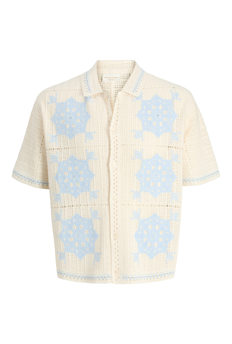 Front image of Orchard knit crochet polo in light blue, by brand Jack&jones
