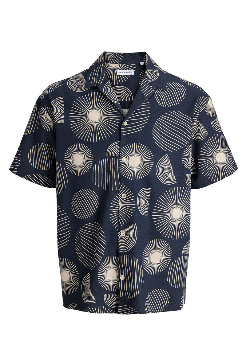 Front image of Abstract print s/s resort shirt in navy, by brand Jack&jones