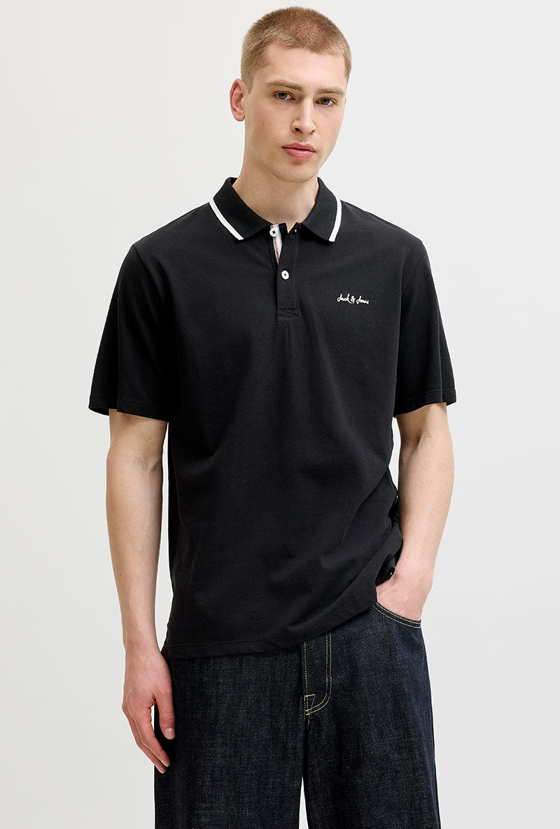 Front image of a model wearing Blaze s/s polo in black, by brand Jack&jones