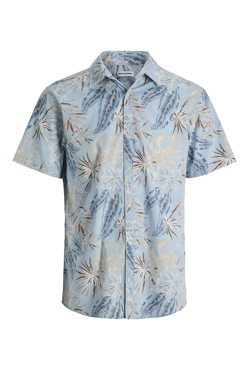 Front image of Honolulu aop ss shirt in blue, by brand Jack&jones