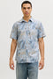 Front image of a model wearing Honolulu aop ss shirt in blue, by brand Jack&jones