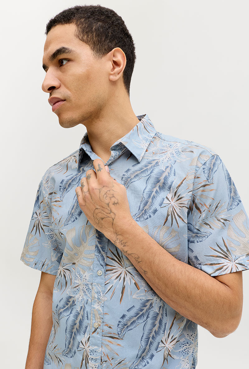 Front image of a model wearing Honolulu aop ss shirt in blue, by brand Jack&jones