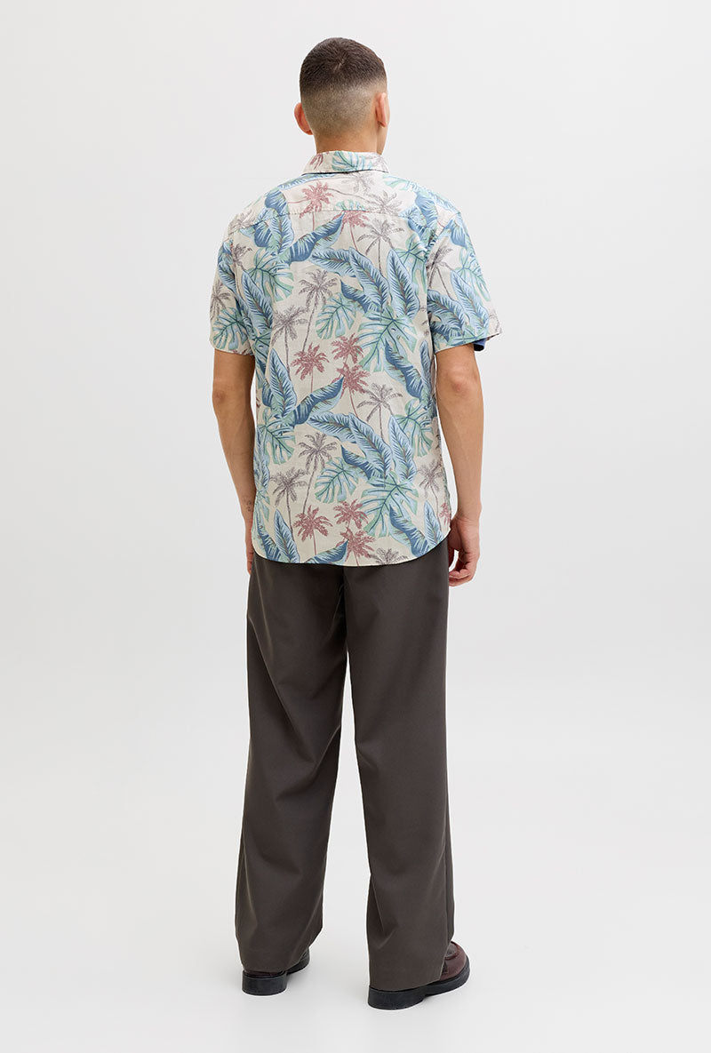 Back image of a model wearing Honolulu aop ss shirt in off white, by brand Jack&jones
