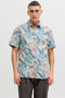 Front image of a model wearing Honolulu aop ss shirt in off white, by brand Jack&jones