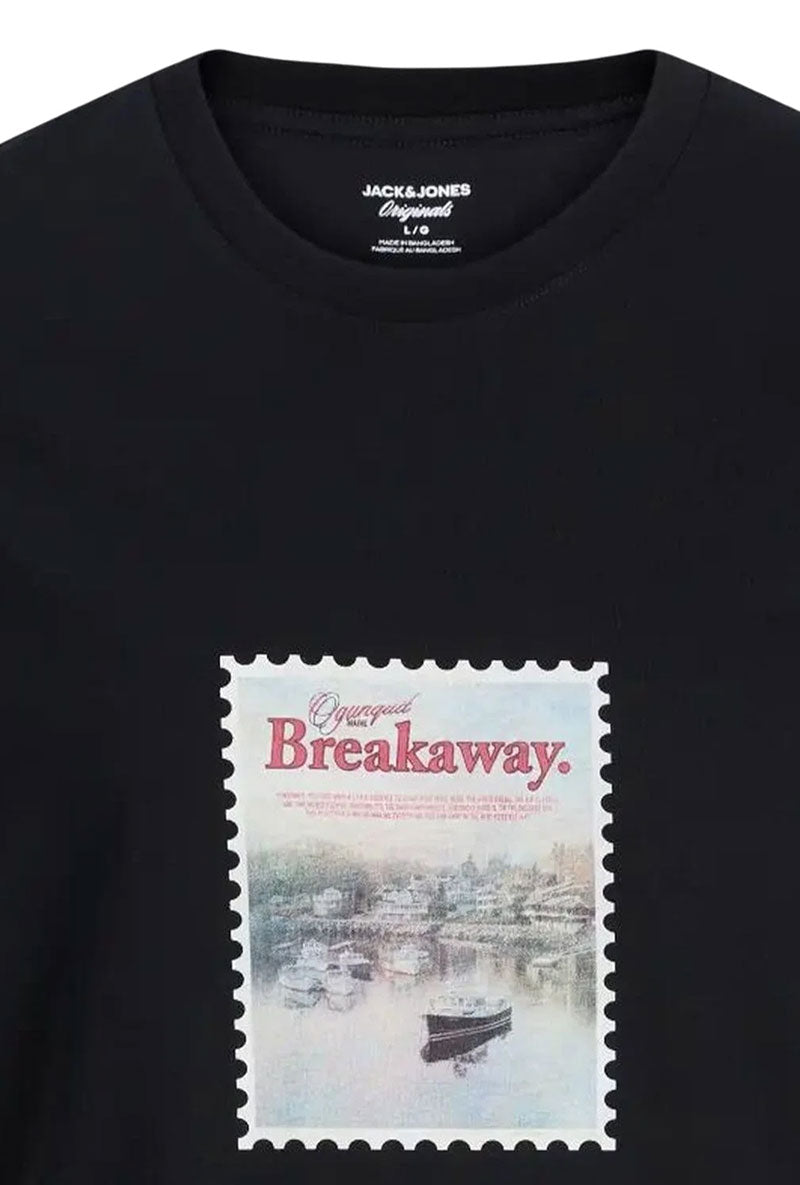 Front detail image of Montauk photo ss tee in black, by brand Jack&jones