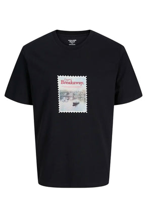 Front image of Montauk photo ss tee in black, by brand Jack&jones