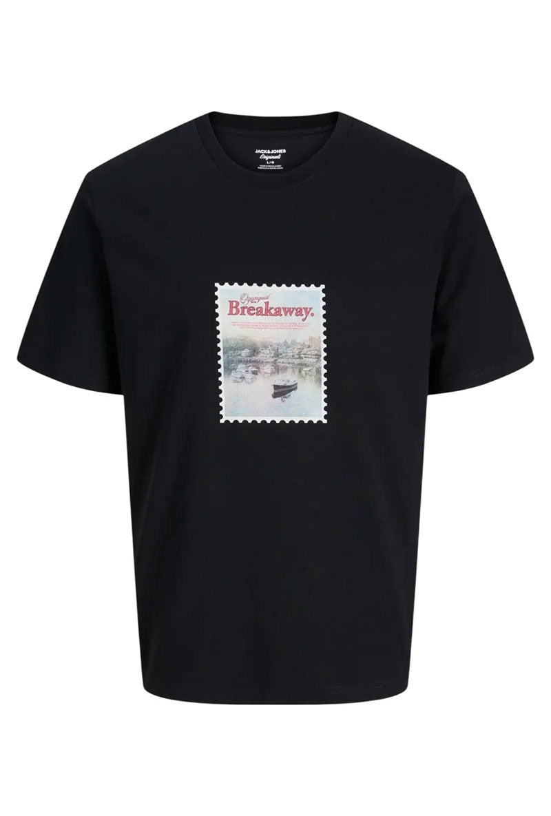 Front image of Montauk photo ss tee in black, by brand Jack&jones