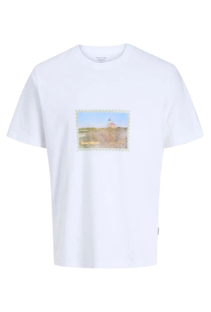 Front image of Montauk photo ss tee in white, by brand Jack&jones