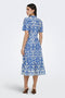 Back image of a model wearing the Anna s/s midi dress in blue, by brand Jacqueline de yong
