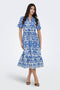 Front image of a model wearing the Anna s/s midi dress in blue, by brand Jacqueline de yong